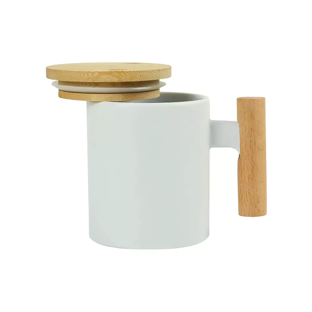 Ceramic Coffee Mugs with Bamboo Handle and Lid 380ml