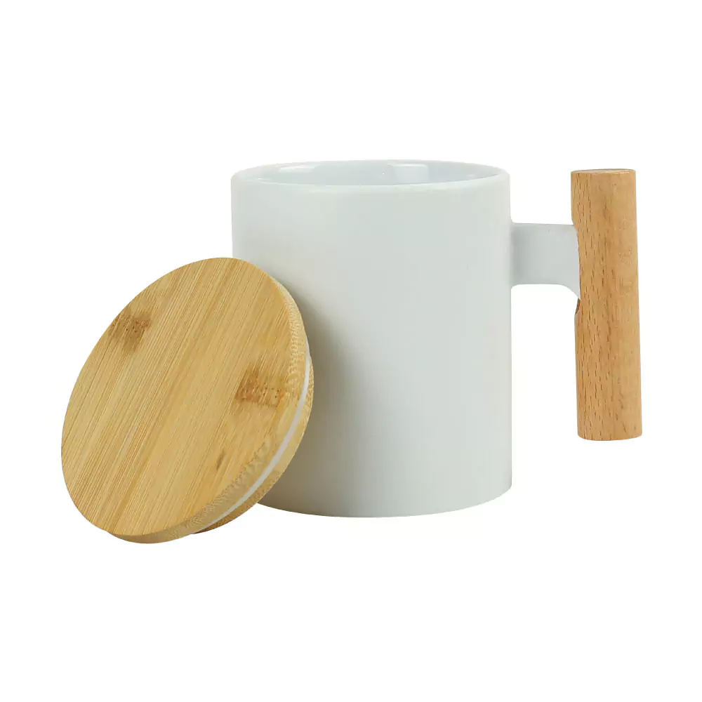 Ceramic Coffee Mugs with Bamboo Handle and Lid 380ml