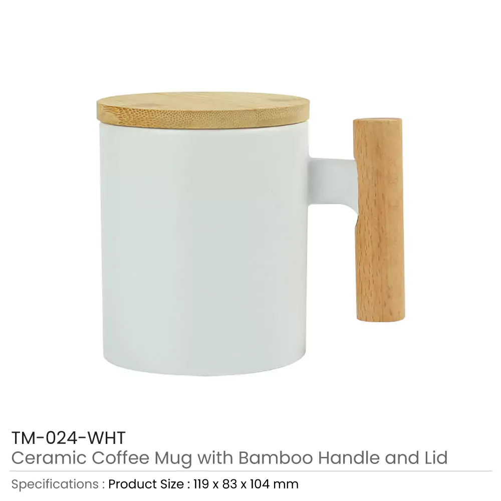 Ceramic Coffee Mugs with Bamboo Handle and Lid 380ml