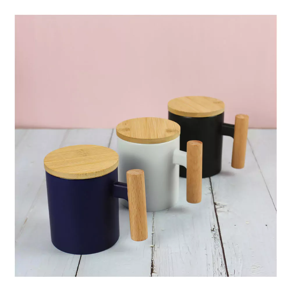 Ceramic Coffee Mugs with Bamboo Handle and Lid 380ml