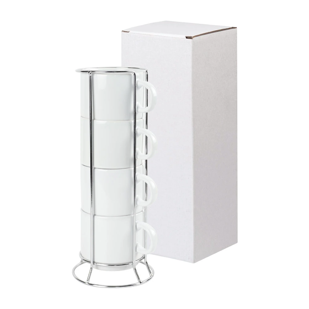 Ceramic Coffee Cups Set 4Pcs in Silver Metal Rack