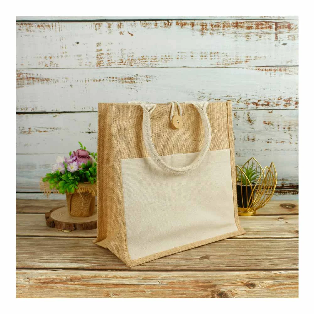 Eco-Friendly Jute Bags with Front Cotton Pocket & Button Closure