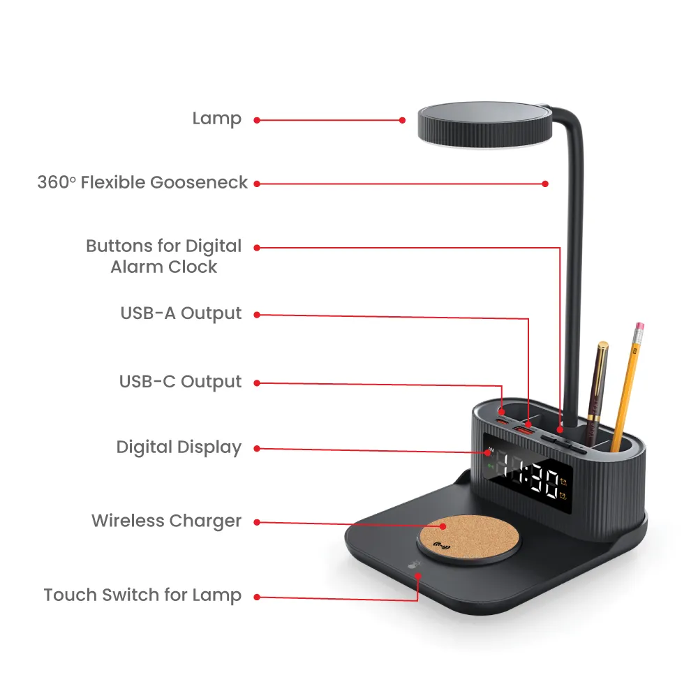 Desk Lamp with 15W Wireless Charger, Clock and Pen Holder