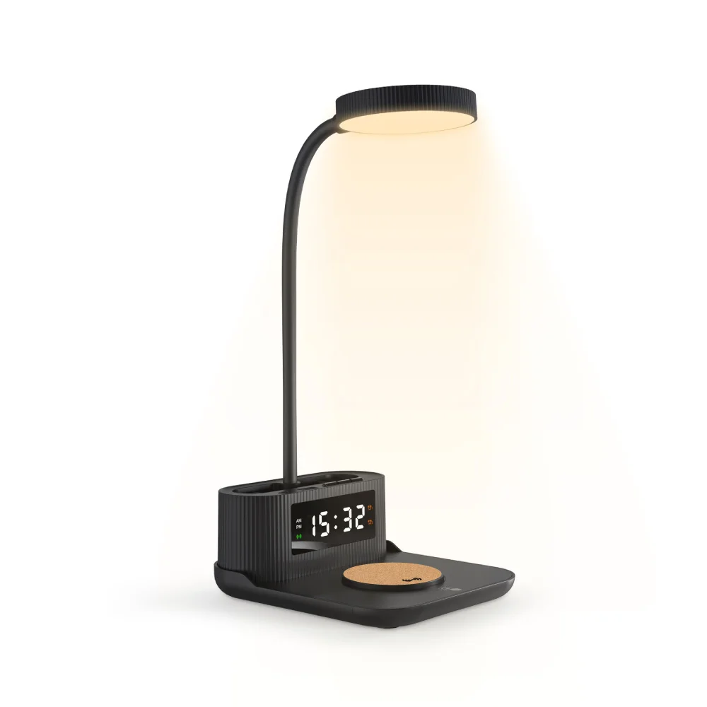 Desk Lamp with 15W Wireless Charger, Clock and Pen Holder