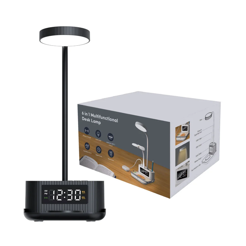 Desk Lamp with 15W Wireless Charger, Clock and Pen Holder