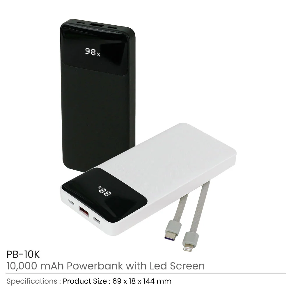 Powerbank with LED Screen 10,000 mAh & Built-in Cables