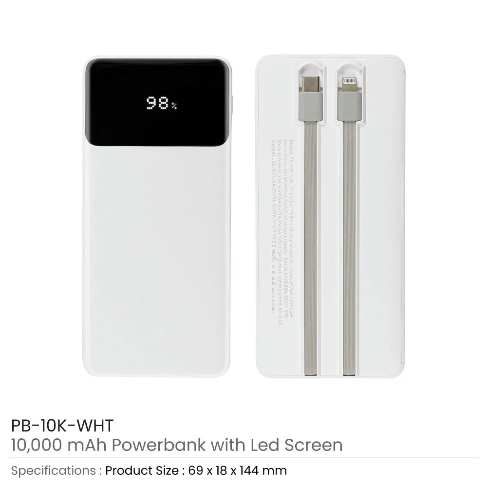 Powerbank with LED Screen 10,000 mAh & Built-in Cables
