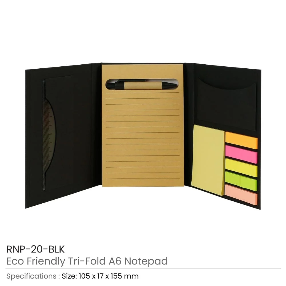Tri-Fold Notepad with Sticky Notes, Pen, Card Slot and Ruler
