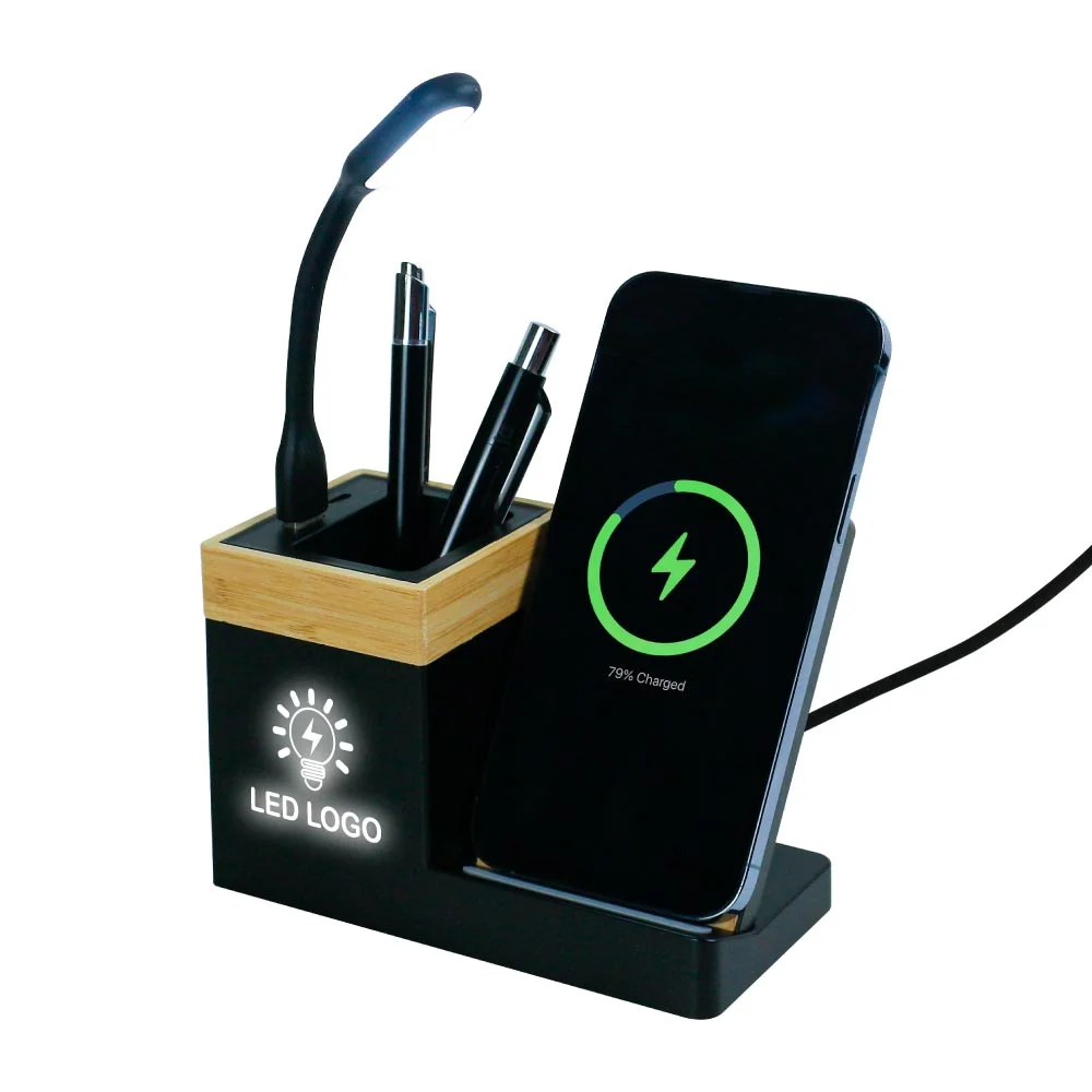 Bamboo Pen Holder with 15W Wireless Charger &amp; LED Logo