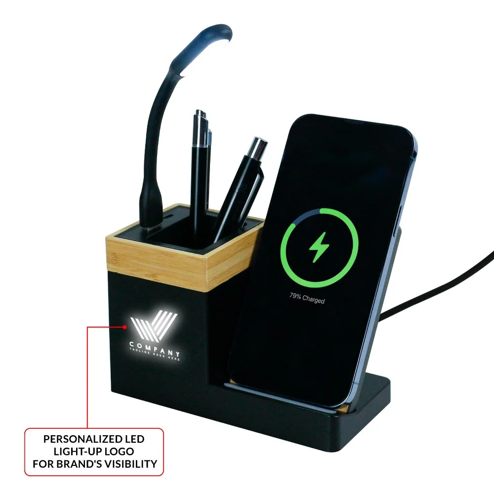 Bamboo Pen Holder with 15W Wireless Charger &amp; LED Logo