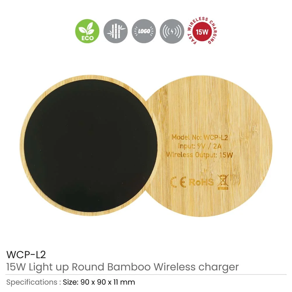 Bamboo Wireless Charger 15W Fast Charging &amp; LED Logo