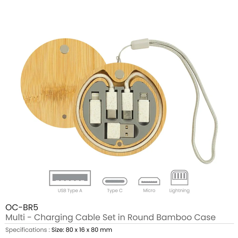 Multi-Charging Cable Set in Round Bamboo Case