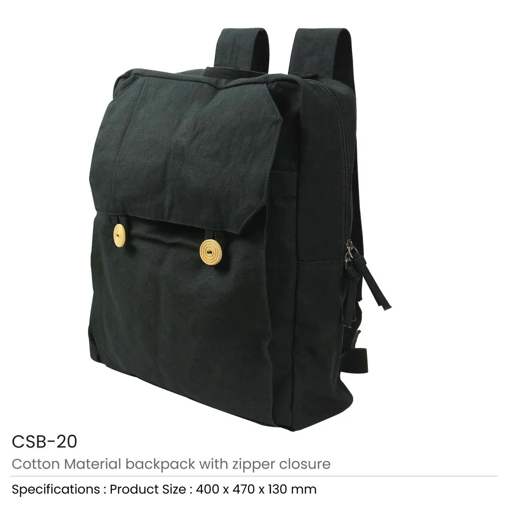 Black Cotton Backpack with Zipper Closure