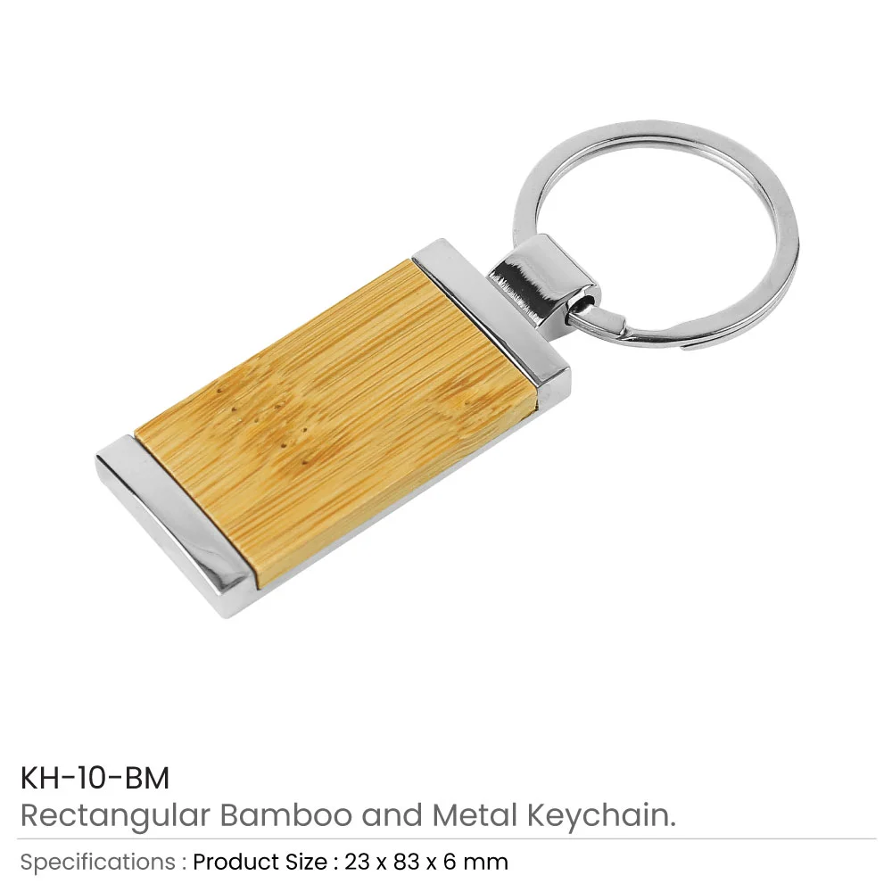 Rectangular Bamboo & Metal Keychains