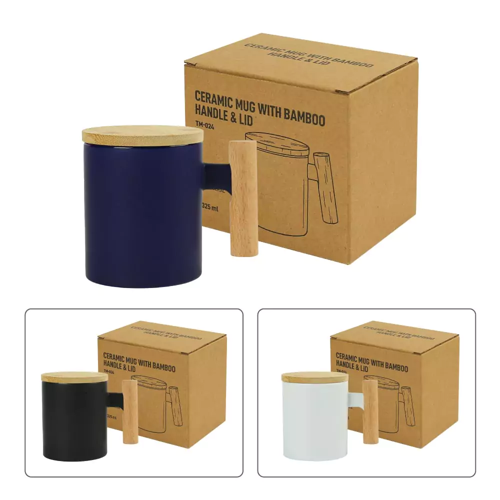 Ceramic Mug with Bamboo Handle & Lid 