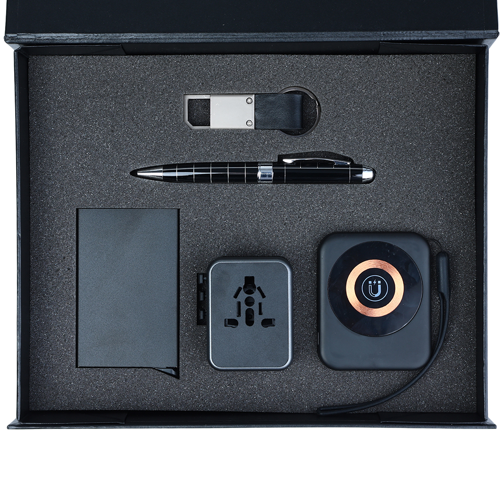 Combination Gift Set - Travel Adapter, Wireless powerbank, Pop up Card Holder ,Pen, Keychain