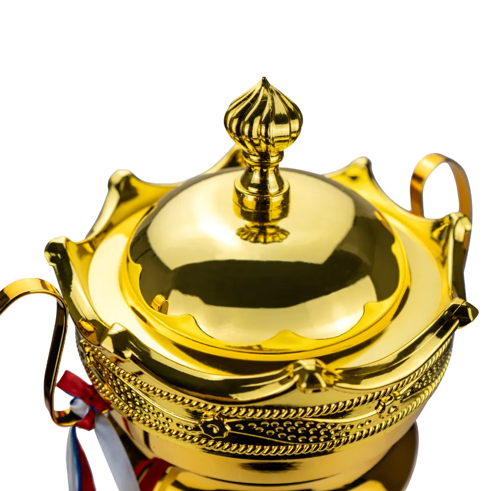 Metal Close Cup Trophies with Two-Sided Handle & Attached Ribbons