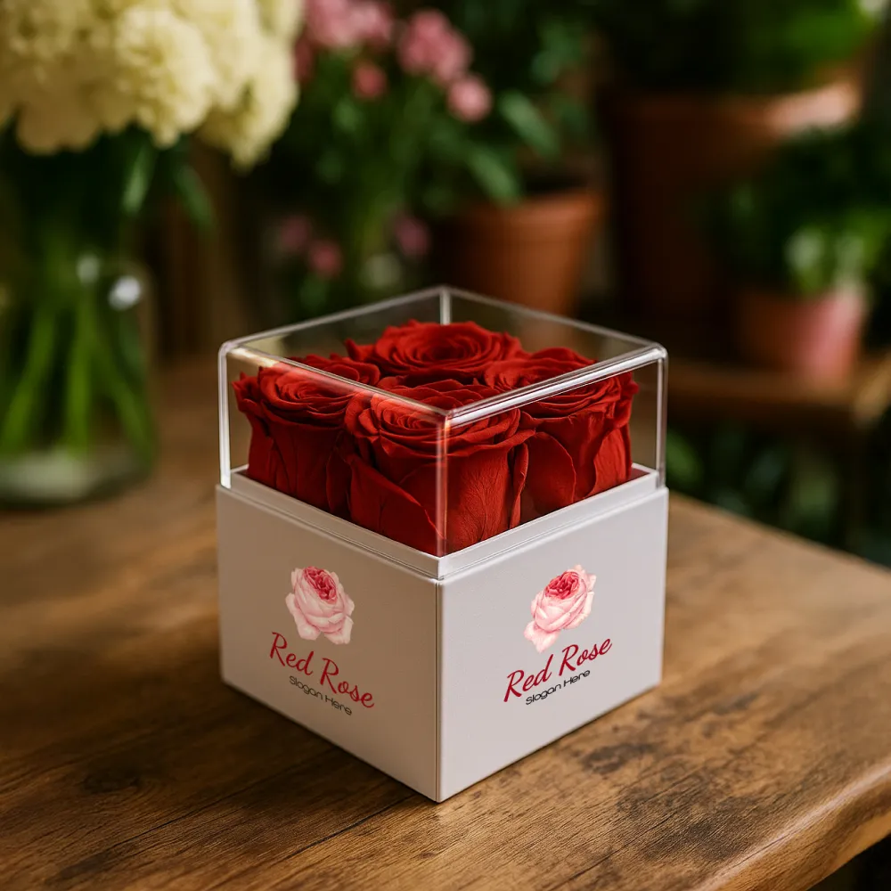 Forever Natural Flowers Gift Box White & Clear Acrylic Lid, 4Pcs Long Life Roses