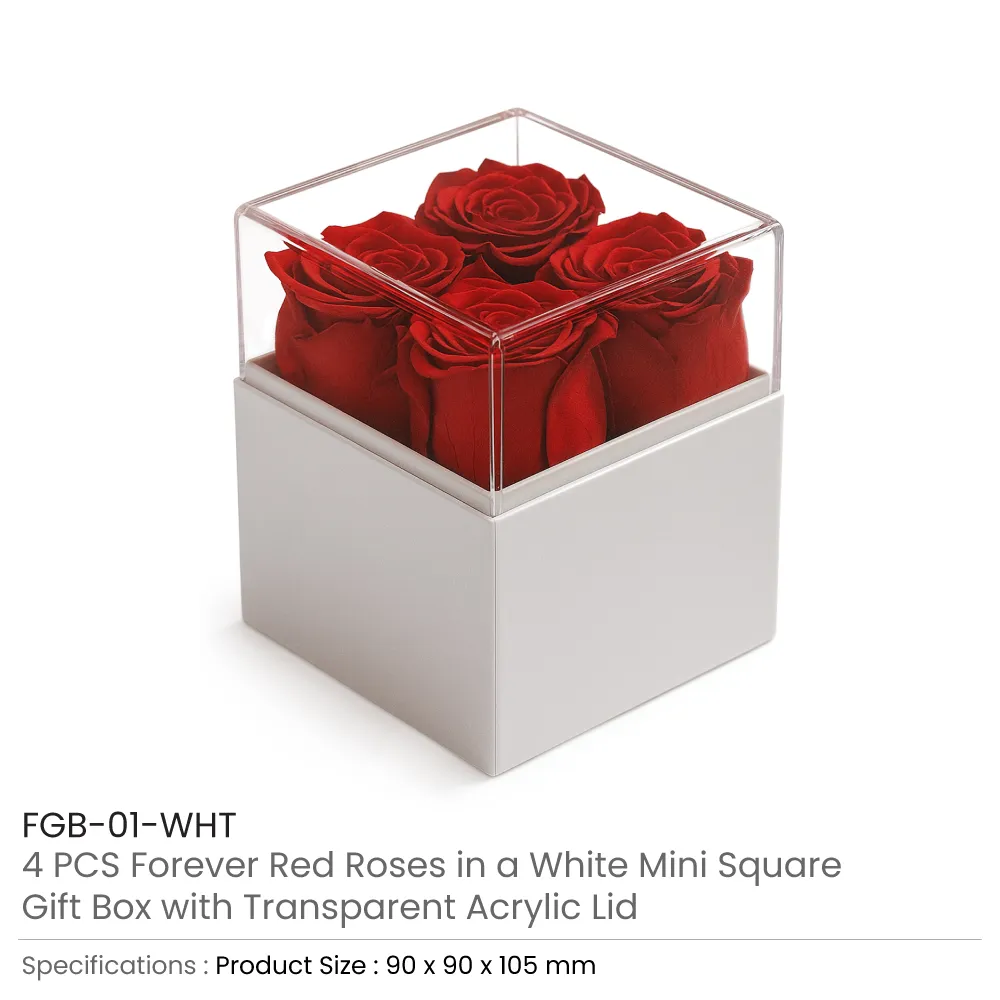 Forever Natural Flowers Gift Box White & Clear Acrylic Lid, 4Pcs Long Life Roses