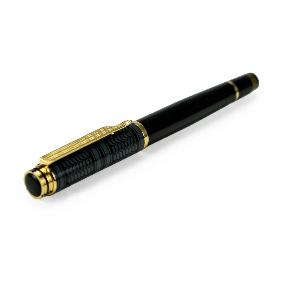 Arabic Traditional Bisht Design Metal Pens, Glossy Black with Gold Outline