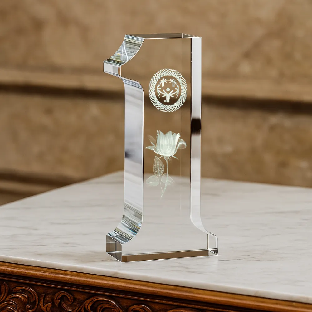 Crystal Glass Trophy in Number One Shape with Gold Lock Closure Box