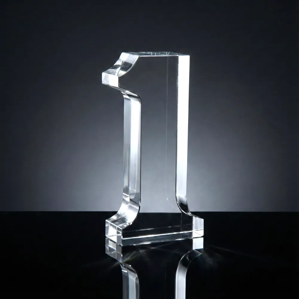 Crystal Glass Trophy in Number One Shape with Gold Lock Closure Box