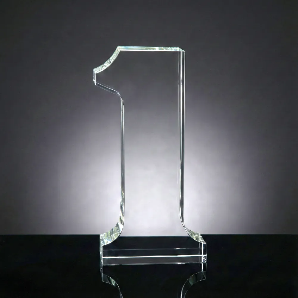 Crystal Glass Trophy in Number One Shape with Gold Lock Closure Box
