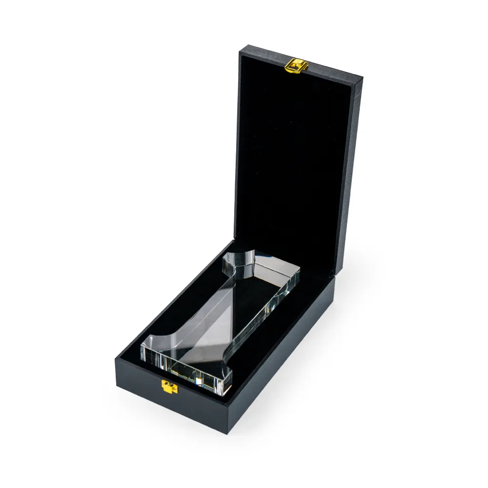 Crystal Glass Trophy in Number One Shape with Gold Lock Closure Box