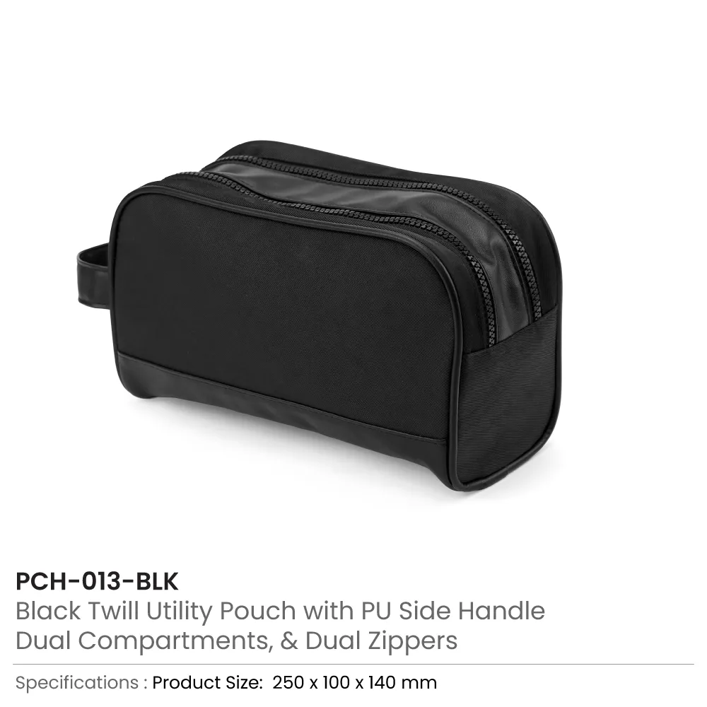 Twill Fabric Utility Pouch with PU Handle and 2 Main Zipper Compartments