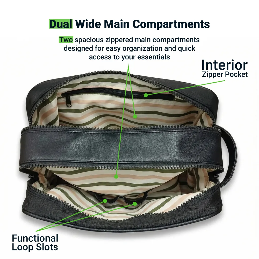 Twill Fabric Utility Pouch with PU Handle and 2 Main Zipper Compartments