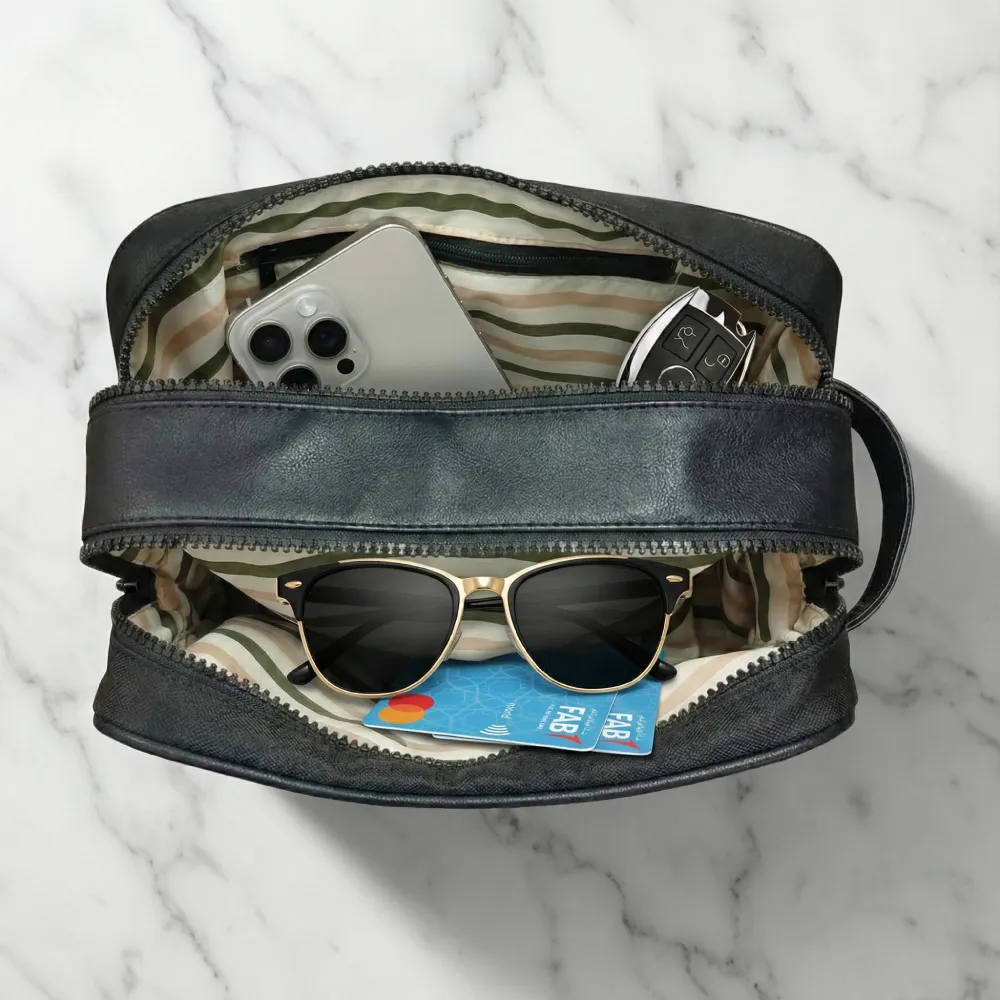 Twill Fabric Utility Pouch with PU Handle and 2 Main Zipper Compartments