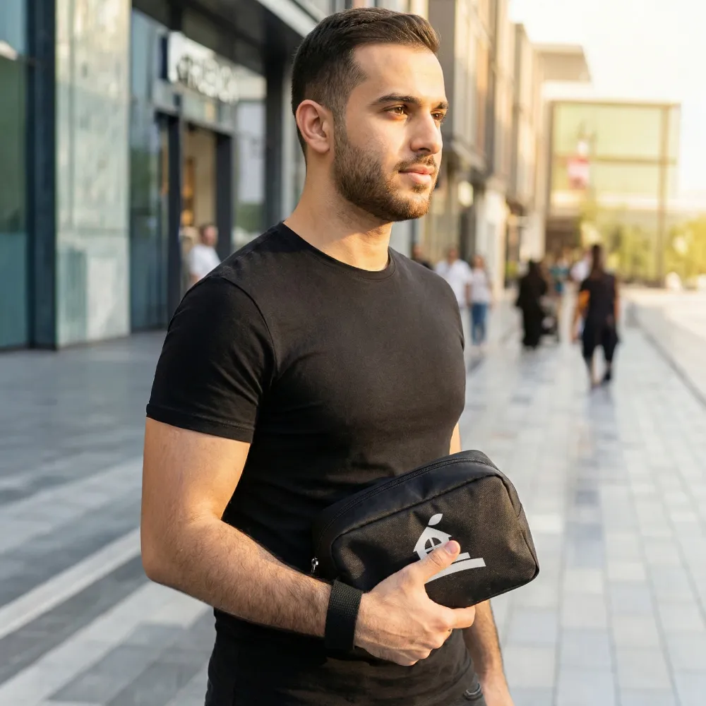 Multipurpose Utility Pouch in Black Polyester Fabric with Zipper and Webbing Handle