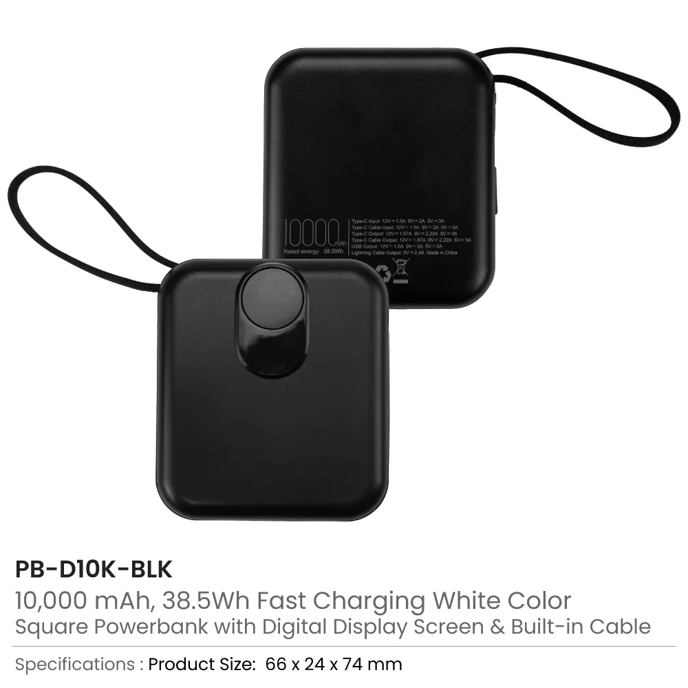 Fast Charging Digital Powerbank 38.5Wh with Built-in Type-C and Lightning Cable, 10000 mAh
