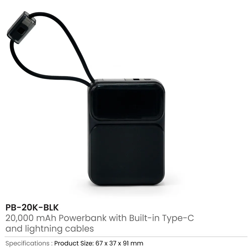 Powerbank with Built-in Type-C & Lightning Cables, 20,000mAh, 45W Fast Charging