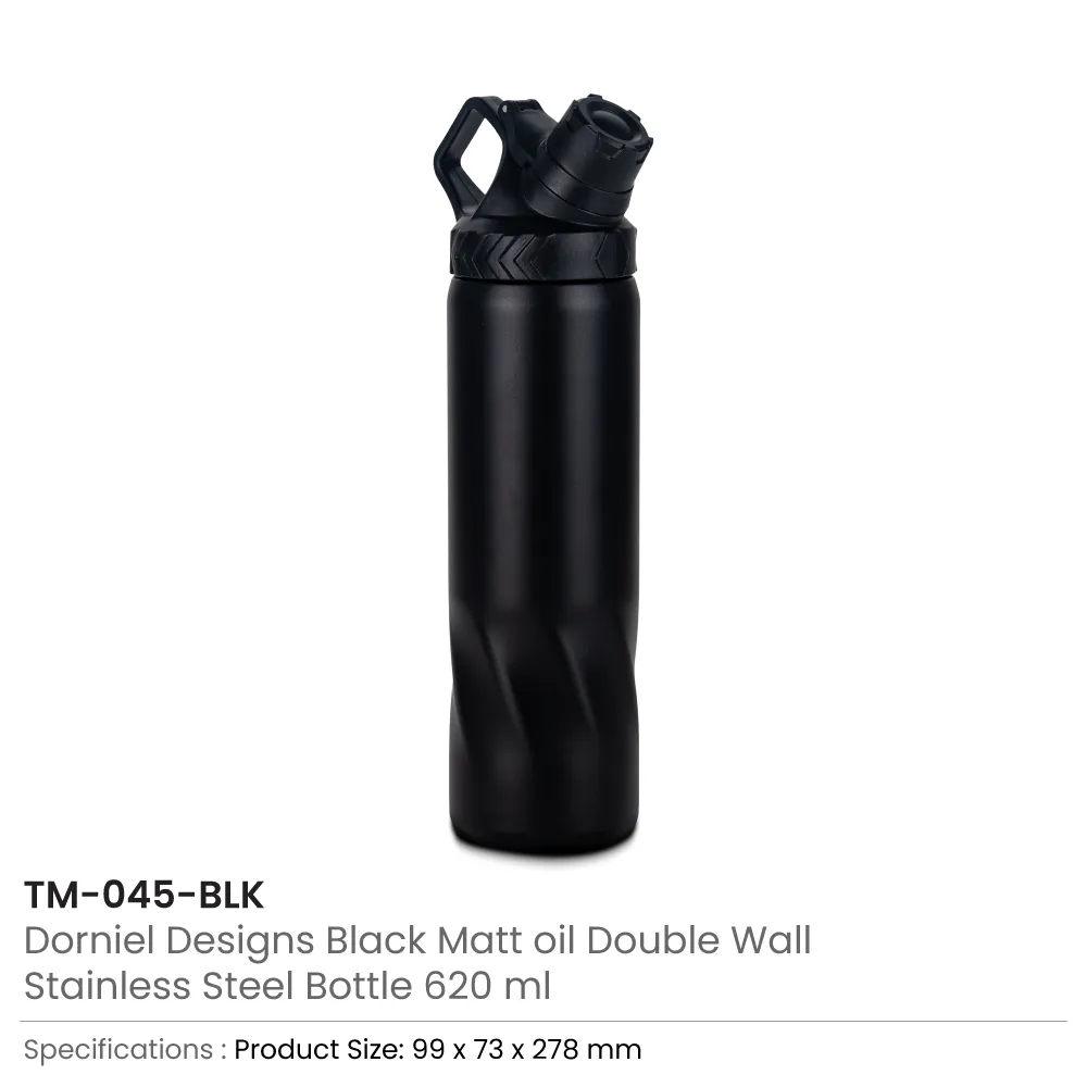 Stainless Steel Water Bottles in Black Matte, Double Wall, 620ml