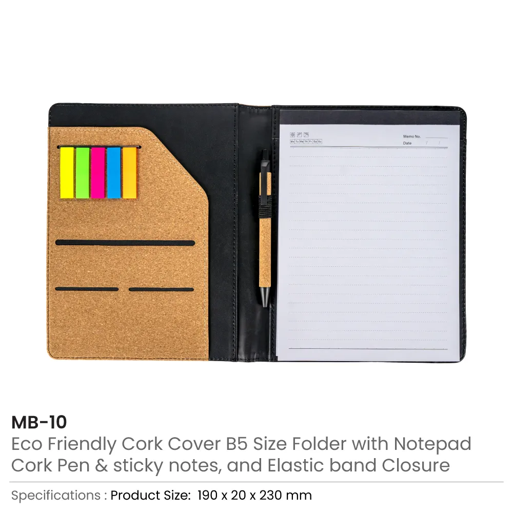 Cork Cover Folder B5 Size with Notepad, Pen and Sticky Notes