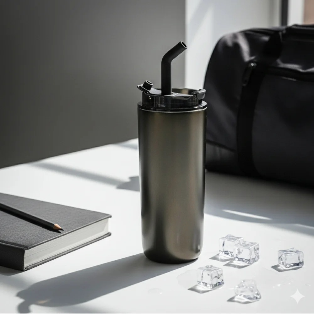 Double Wall SS Tumblers with Transparent Lid and Metal Straw - 500ml