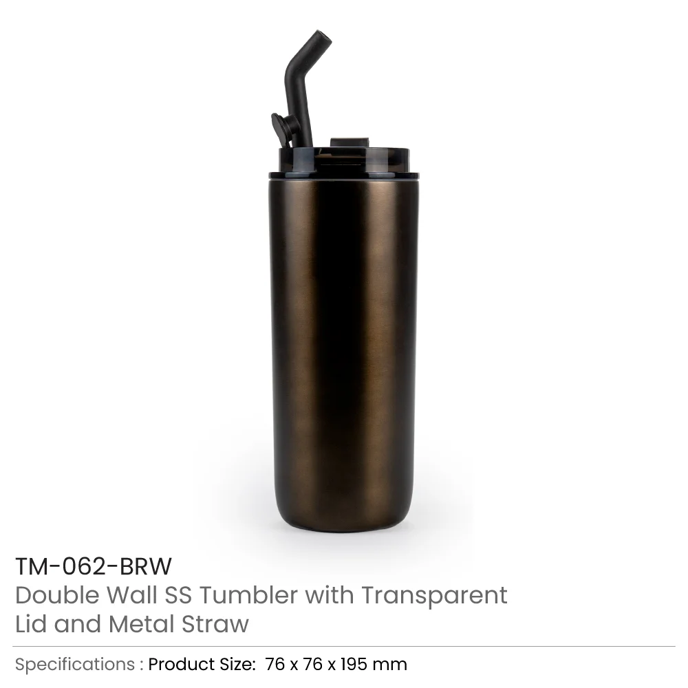 Double Wall SS Tumblers with Transparent Lid and Metal Straw - 500ml