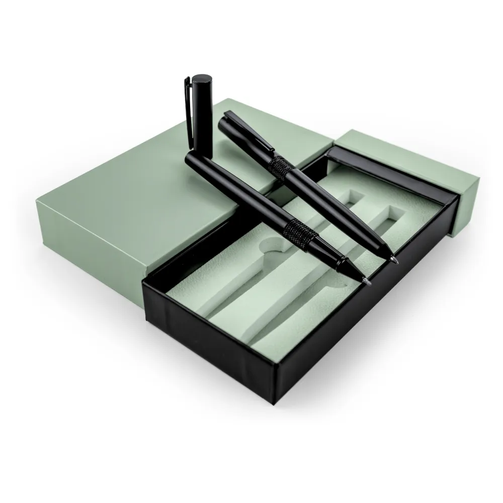 Black Metal Pen Set with Matte Finish in Hardboard Slide to Open Box