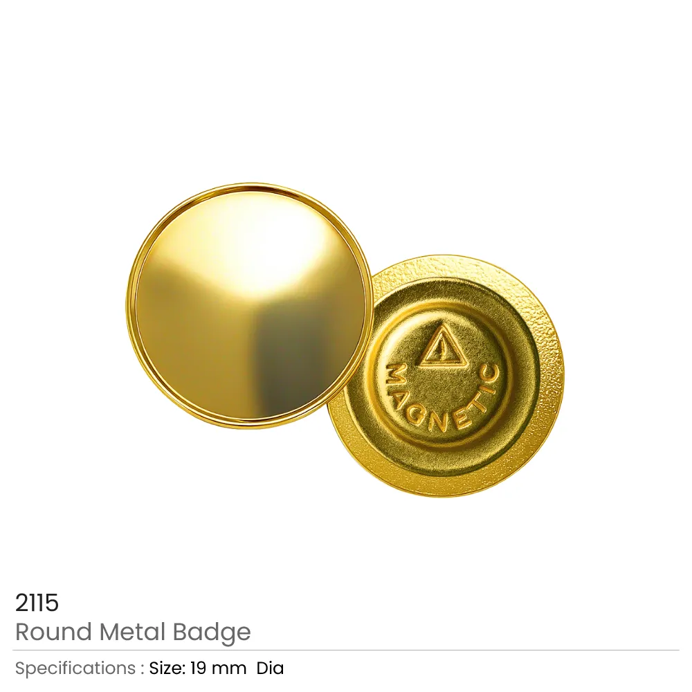 Gold Round Metal Badges with Magnet Attachment