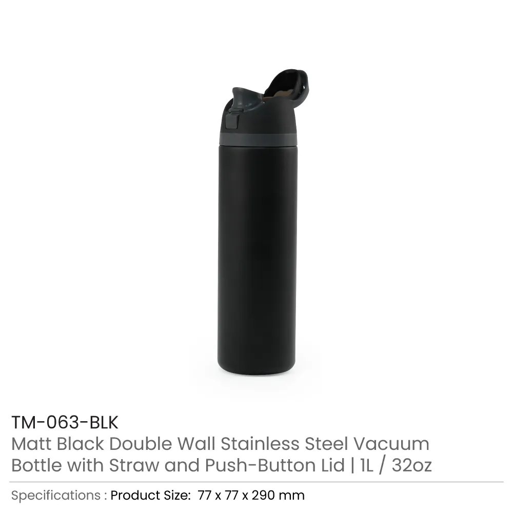 SS Bottles with Straw & Push Button Lid - Double-Wall Vacuum, 1Liter
