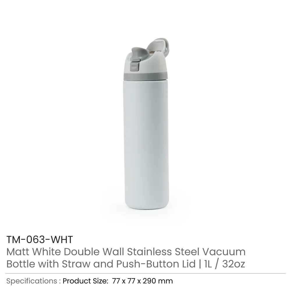 SS Bottles with Straw & Push Button Lid - Double-Wall Vacuum, 1Liter