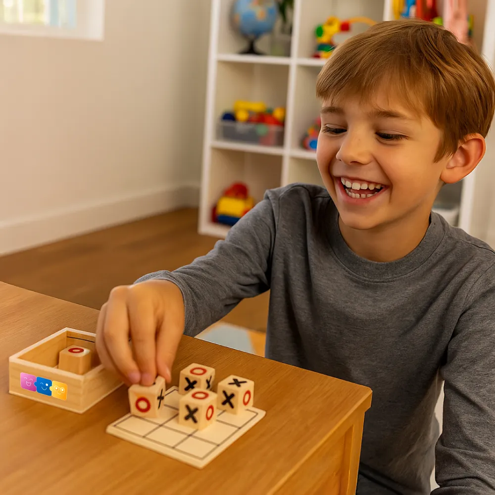 Tic-Tac-Toe Wooden Board Game with Slide Storage Box – 9 Wooden Cubes