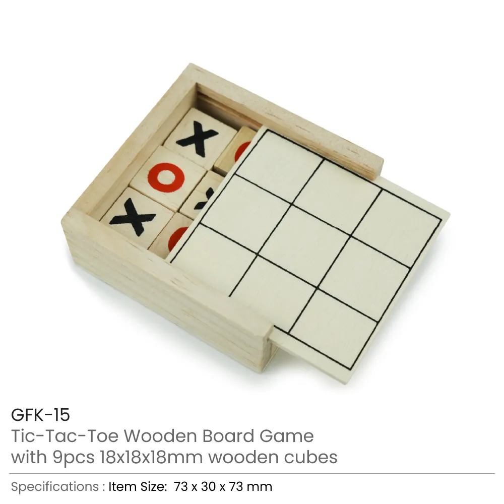 Tic-Tac-Toe Wooden Board Game with Slide Storage Box – 9 Wooden Cubes