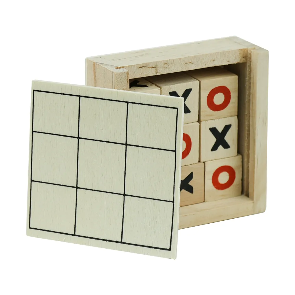 Tic-Tac-Toe Wooden Board Game with Slide Storage Box – 9 Wooden Cubes