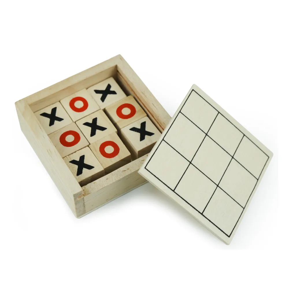 Tic-Tac-Toe Wooden Board Game with Slide Storage Box – 9 Wooden Cubes