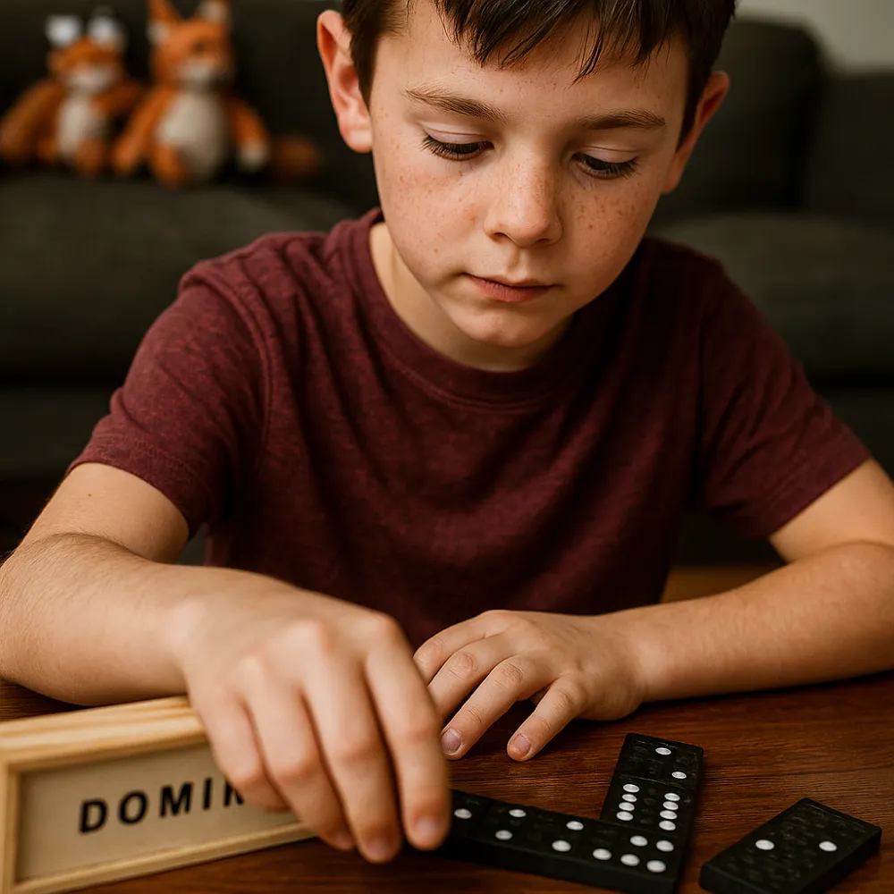 Domino Set Game in Wooden Slide Box – 28 Black Wooden Pieces