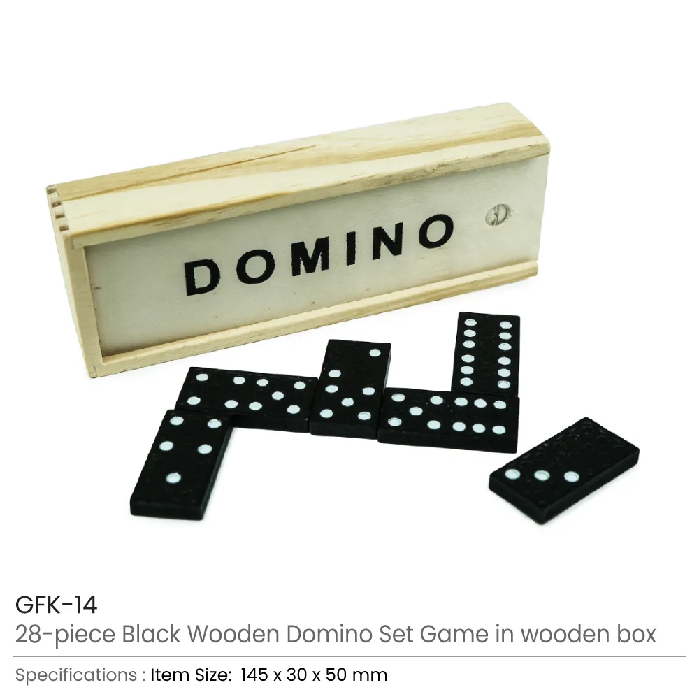 Domino Set Game in Wooden Slide Box – 28 Black Wooden Pieces