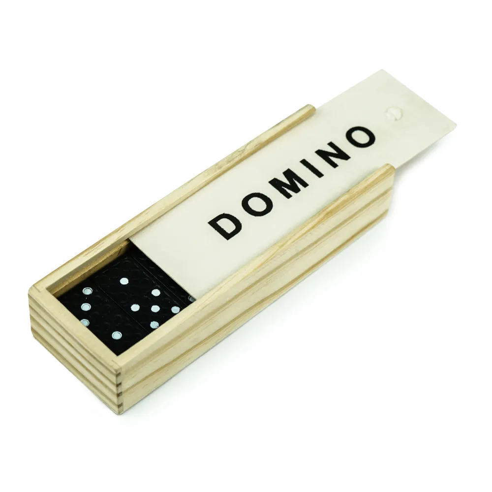 Domino Set Game in Wooden Slide Box – 28 Black Wooden Pieces