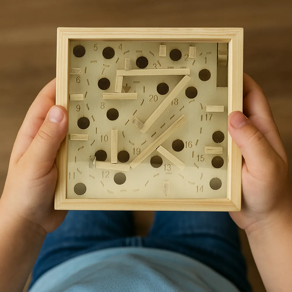 Wooden Maze Board Game with Silver Metal Ball – Labyrinth Balance Puzzle